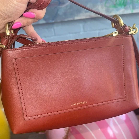 ZAC POSEN Leather Crossbody Bag Brown Gold Chain Strap Chic Small Purse - Picture 6 of 7